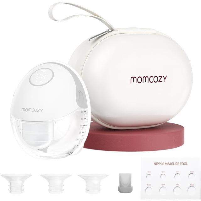 Momcozy Tire-lait Mains Libres Style Mobile / M6, un Tire-Lait Portable pour l'Allaitement en Gris avec une Capacité de 180 ml. l'Image Montre la Pompe avec Son design transparent, l'Affichage à DEL, et des Accessoires Inclus Tels Que Plusieurs Tailles de Bride, un Outil de Mesure du Tétine, et un Étui de Transport compact. Conçu pour une Utilisation Discrète, Il s'Intègre de Façon Fluide dans un Soutien-Gorge et Présente une Bride à Double Étanchéité pour le Confort et la Sécurité. la Pompe Offre 3 modes et 9 Niveaux