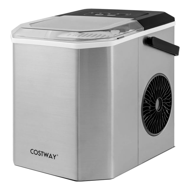 Costway Countertop Ice Maker Portable Ice Making Machine in silver with a compact design featuring a transparent lid, control panel, and side handle. This portable kitchen appliance produces 9 bullet-shaped ice cubes in 6-13 minutes, with a daily output of 26.5 lbs. Includes selectable ice sizes, self-cleaning function, and quiet operation under 35dB.