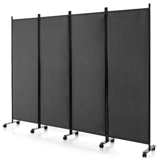 Costway Paravent Pliant à 4 Panneaux de 6 Pi, Écran d'Intimité Roulant avec Roues Verrouillables en Gris. Fabriqué avec un Tissu polyester durable et un Cadre Métallique Robuste, Il Comprend 10 Roues Pivotantes Verrouillables pour une Mobilité et une Stabilité Fluides. les Panneaux Sont Reliés par des Boucles Robustes pour des configurations Ajustables comme en L Ou en W. Sa Conception Pliable Permet un Rangement compact. Idéal pour Créer de l'Intimité dans les Salons, Chambres, Bureaux Ou Autres Espaces.