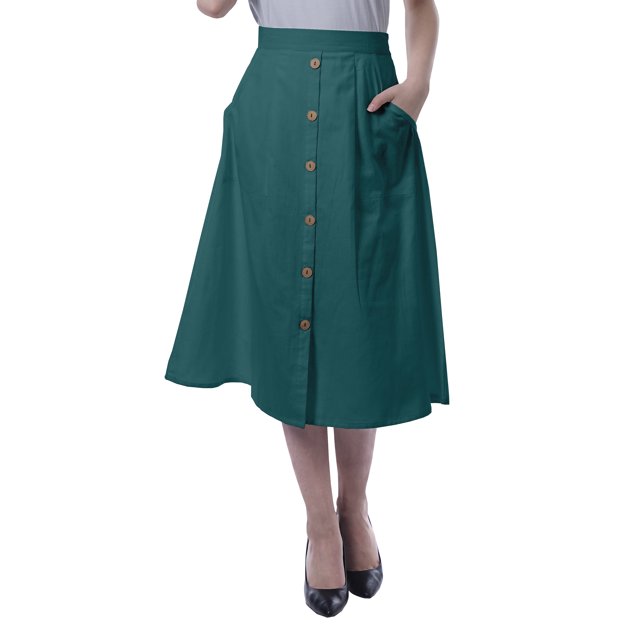 Moomaya Womens Below Knee Length A-Line Skirt Front Button Casual Skirt w/ Pockets