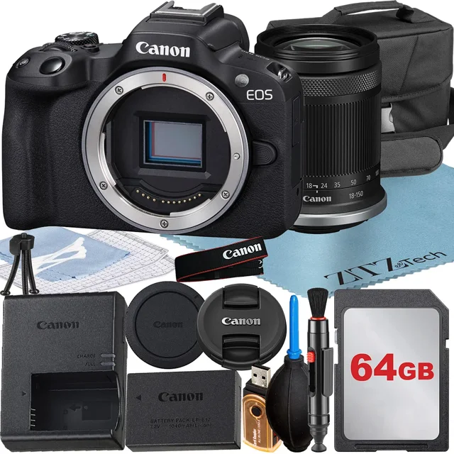 Canon EOS R50 Appareil Photo Sans Miroir avec Objectif RF-S 18-150mm + Carte Mémoire 64 Go + Étui + Ensemble d'Accessoires ZeeTech