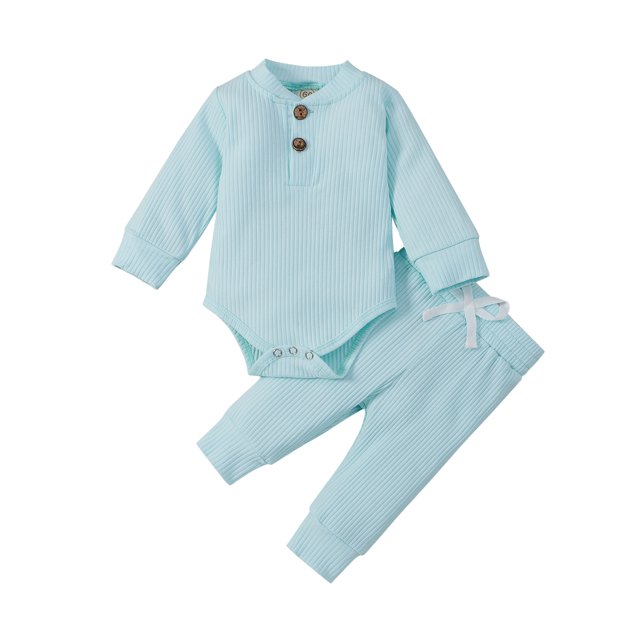 Kmbangi Baby Solid Color Clothes Set O-neck Jumpsuit+Elastic Waist Trousers