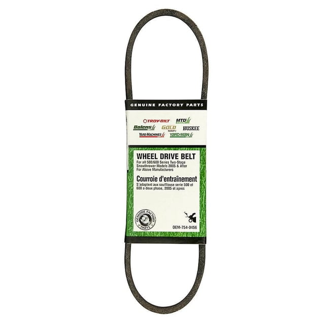 MTD Replacement Snow Blower Wheel Drive Belt 500/600 Series (2005-Present) shown front-facing with a black rubber belt and white-green label. Fits most MTD 500/600 Series two-stage snow throwers from 2005 onward, replacing OEM #754-0456. Compatible with Troy-Bilt, Bolens, Yard-Man, and similar brands. Designed specifically for snow blower wheel drives.