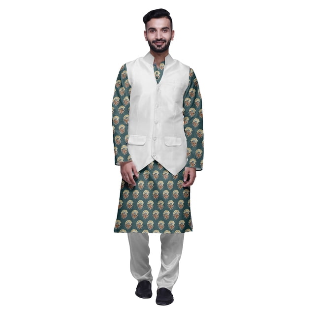 Atasi Traditional Printed Kurta Churidar Pajama Set With Nehru Jacket For Men
