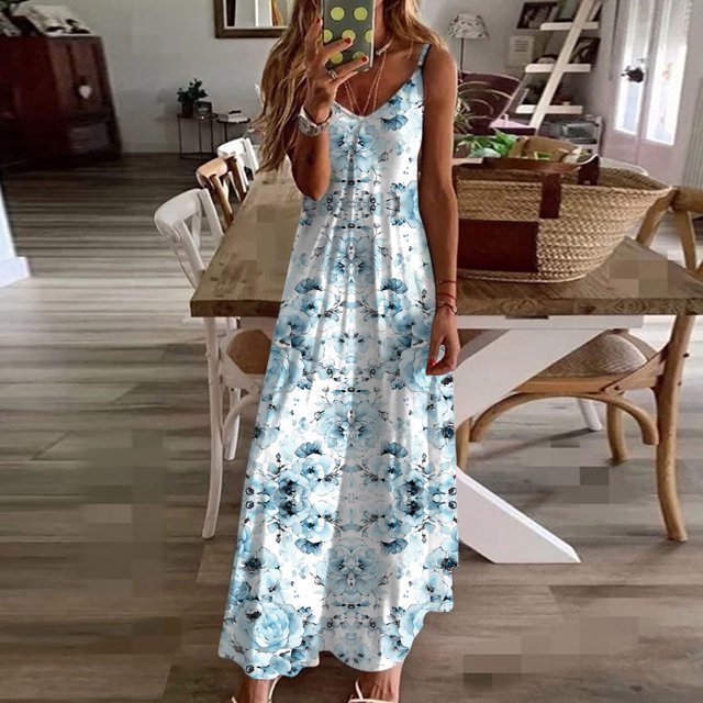 LSLJS Robes d'Été pour Femmes à Imprimé Sans Manches à Col Rond Robe Décontractée, Robe d'Été Robes de Plage d'Été