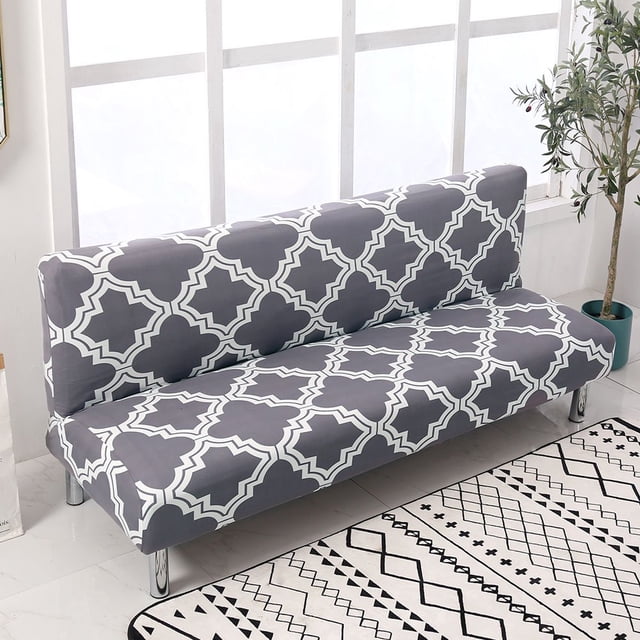 2024 Folding Sofa Bed Cover Solid Color Futon Armless Slipcover made of 92% polyester and 8% spandex, shown in a grey and white geometric pattern. Designed to fit armless sofas with lengths of 180-210 cm, cushion widths of 55-65 cm, and bed widths of 115-130 cm. The slipcover is flexible, soft, and protects furniture from spills, stains, and pet hair. Displayed in a modern living room with a patterned rug and potted plant.