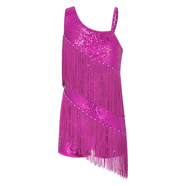 Ocealan Robe de Danse Latine pour Filles Sequins Jazz Moderne Fête d'Anniversaire Jupe à Franges Justaucorps Rose Vif 14