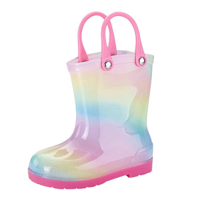 NOKIO Sparkle Accent Rain Boots Flexible Sole Technology Cartoon Rainbow Patterns 𝗪aterproof Rubber Material Lightweight Design for Active Toddler Girls