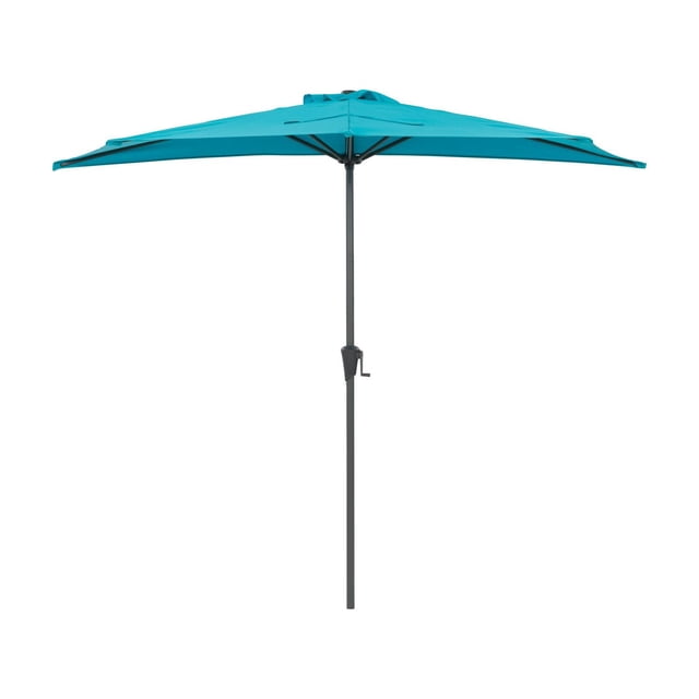CorLiving Versa 8.5ft outdoor patio half umbrella with steel frame in turquoise blue, featuring a durable polyester canopy with vented top for airflow, powder-coated steel pole with crank handle for easy operation, ideal for small balconies or patios.