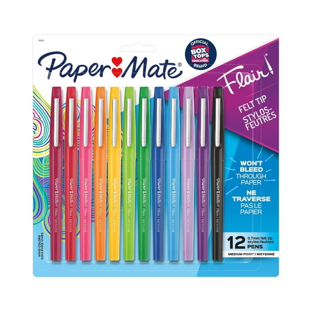 Paper Mate Flair Felt Tip Pens, Medium Point (0.7 mm), Assorted Colours pack of 12 felt tip pens with vibrant caps in red, pink, orange, yellow, green, blue, purple, and black, featuring smear-resistant ink that won’t bleed through paper, suitable for office and school writing, drawing, and note-taking.