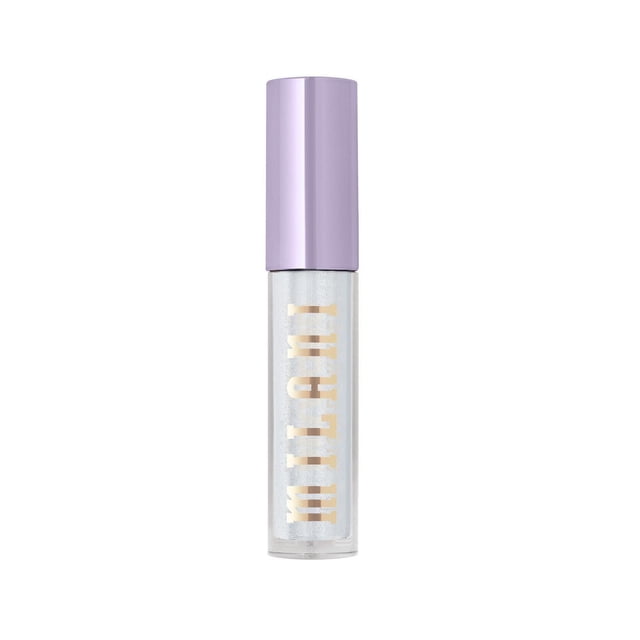Milani Highly Rated Diamond Lip Gloss in a clear tube with a light purple cap and gold lettering, featuring a shimmering, ultra-clear formula that provides a glossy, diamond-like finish and moisturizing lip care.