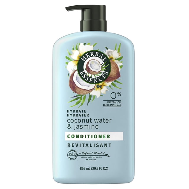 Herbal Essences Classics Coconut Water & Jasmine Conditioner in a light blue 865 mL pump bottle featuring coconut and jasmine flower illustrations, mineral oil-free, pH-balanced, colour-safe formula that hydrates hair and is cruelty-free certified by PETA.