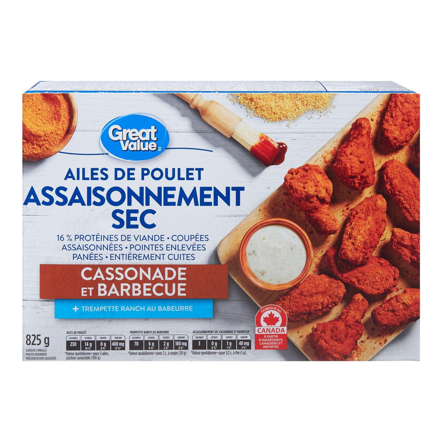 Ailes de poulet surgelées Great Value à assaisonnement sec cassonade et barbecue 825 g