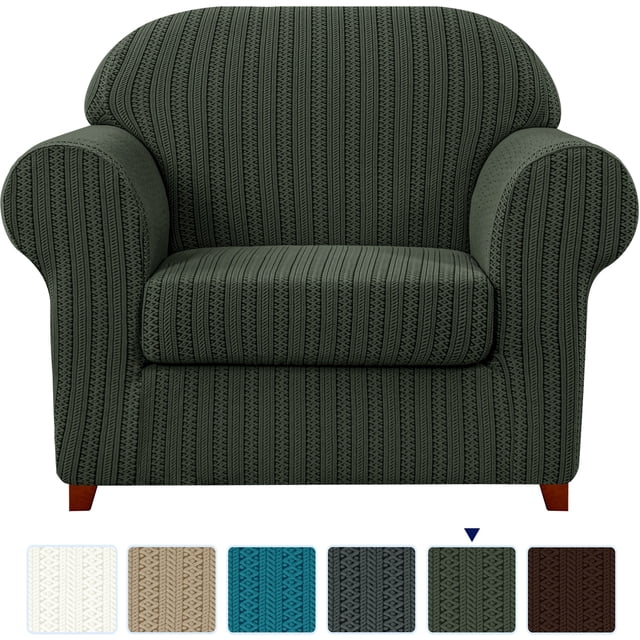 Subrtex Housse de Sofa Jacquard Extensible à Rayures 2 Pcs Montrée sur un Fauteuil de Couleur Vert Foncé. la Housse Présente un design Jacquard à Rayures avec un Ajustement Serré, Couvrant à la Fois la base et le Coussin. Fabriquée à Partir de 85 % polyester et 15 % Élasthanne, Elle Est Extensible, durable et Conçue pour Protéger les Meubles contre les Déversements, les Taches et les Égratignures d'Animaux. Comprend des Bandes Élastiques Cousues pour un placement Sécurisé. Offerte en Plusieurs Couleurs, avec des Échantillons Affichés sous le Fauteuil. Convient aux Fauteuils