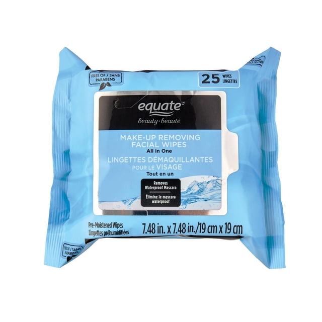 Equate Beauty Make-up Removing Facial Wipes 25ct in light blue resealable pack, pre-moistened 7.48 by 7.48 inch (19 cm) wipes that remove waterproof mascara and long-lasting makeup, free of parabens and alcohol, suitable for all skin types and ideal for cleansing and refreshing skin.