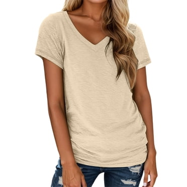 Fgnfyis Nouveau T-Shirt à Manches Courtes à Col en V pour Femme au Printemps et en Été T-Shirts Chemises pour Femmes Beige TTG