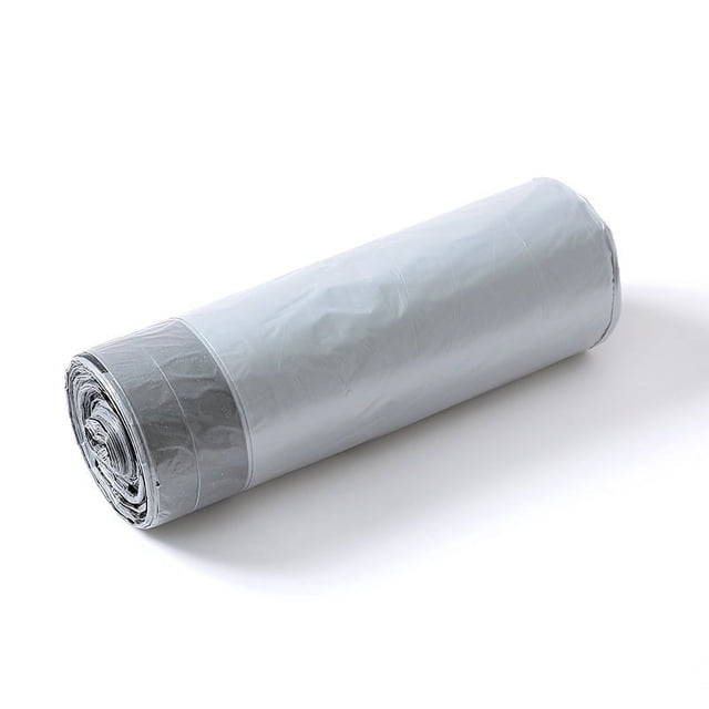 Small Trash Bags, Ultra Strong Wastebasket Liners Bags for Kitchen Bathroom Office displayed as a rolled stack of grey bags. Designed with red/grey drawstring closure, dual-layer leak protection, rip guard, and reinforced bottom to handle heavy loads. Ideal for kitchen garbage cans and comparable to simplehuman liners.
