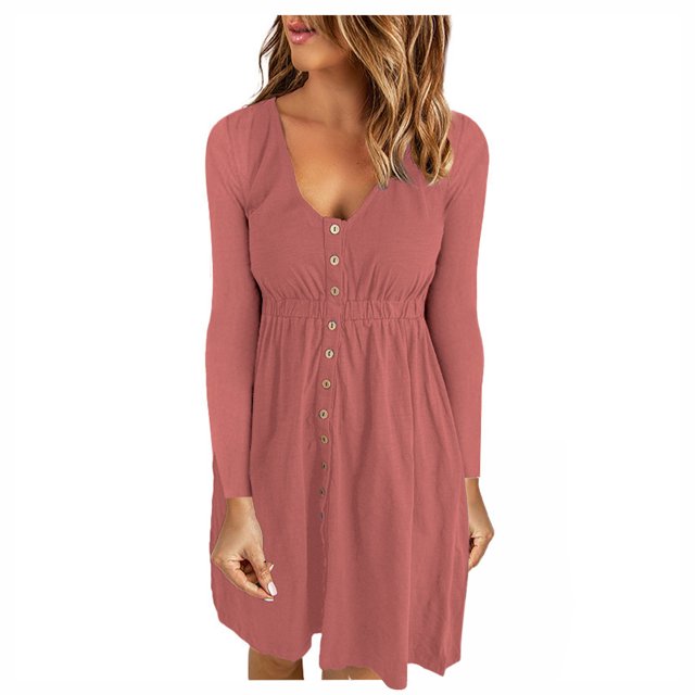 LLYwey en Liquidation Robes Grande Taille pour Femmes Rondes Décontractées Unies Col en U Boutons Manches Longues Robe Taille Nouvelle Robes Décontractées Roses G