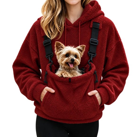 MOAOASPER Women's Pet Carrier Hoodie, Fleece Pet Pouch Sweatshirt, Adjustable Strap, Drawstring Hood, Kangaroo Pocket, Solid Color, Fall Winter Casual Warm Pullover