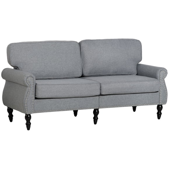 HOMCOM Traditional Style Double Sofa, 2 Seater Nail Head Accent Loveseat, Light Grey, Sponge Padding and Rubber Wood Leg, Living Room, Dining Room, Bedroom, Office