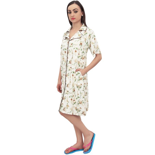 Bimba Chemise de Nuit Brune à Manches Courtes pour Femmes à Imprimé Floral avec Poches - 14