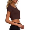 thumbnail image 4 of VSSSJ Hauts Courts pour Femmes Manches Courtes Col Rond Extensible Chandail Décontracté Ajusté Uni Confortable Été Basique T-Shirts Courts Café Taille Unique, 4 of 5