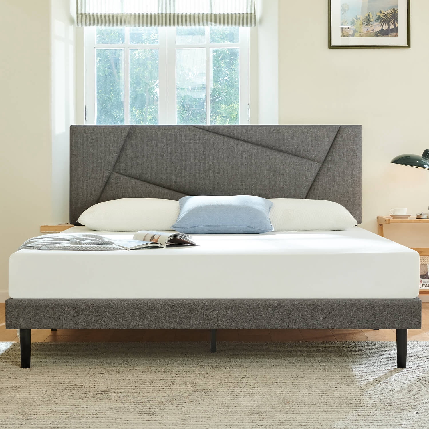 Twin Bed Frame, Platform Bed Frames Twin Size with Fabric Upholstered Headboard, No Box Spring Needed, Grey
