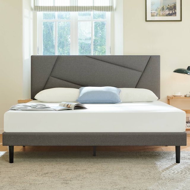 Twin Bed Frame, Platform Bed Frames Twin Size with Fabric Upholstered Headboard, No Box Spring Needed, Grey