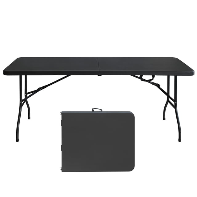 Newest 6ft Folding Table, Portable Plastic Table for Camping, Picnics, Parties, High Load Bearing Foldable Table Black