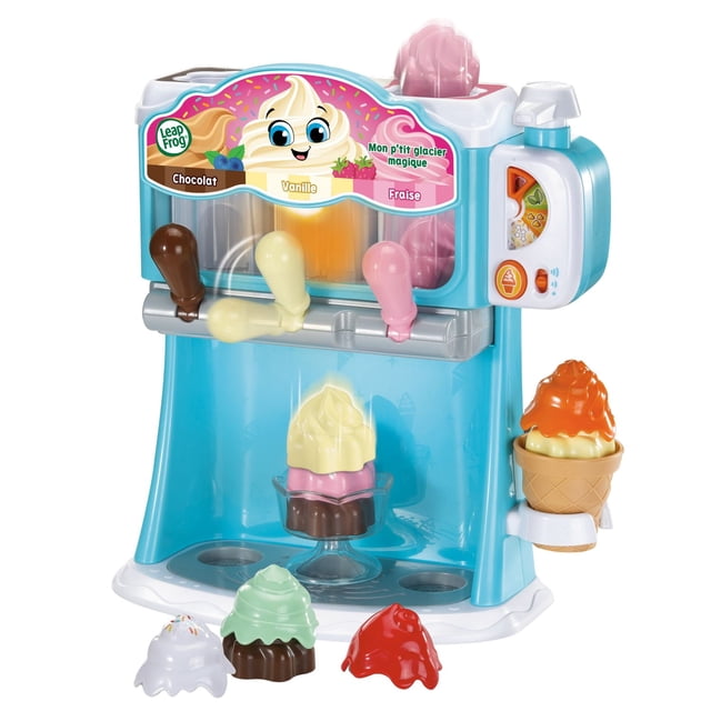 LeapFrog Count & Swirl Ice Cream Maker™ With Colorful Toppings - French Version, a blue and white toy ice cream maker with three levers for chocolate, vanilla, and strawberry swirls, a side dial to select whipped cream, caramel, cherry, or mint sauces, includes plastic cones and cups with colorful toppings for pretend play and counting practice.
