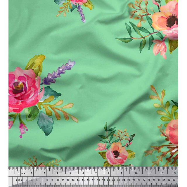 Soimoi Modal Satin Fabric Leaves & Anemone Flower Printed Fabric 1 Yard 42 Inch Wide