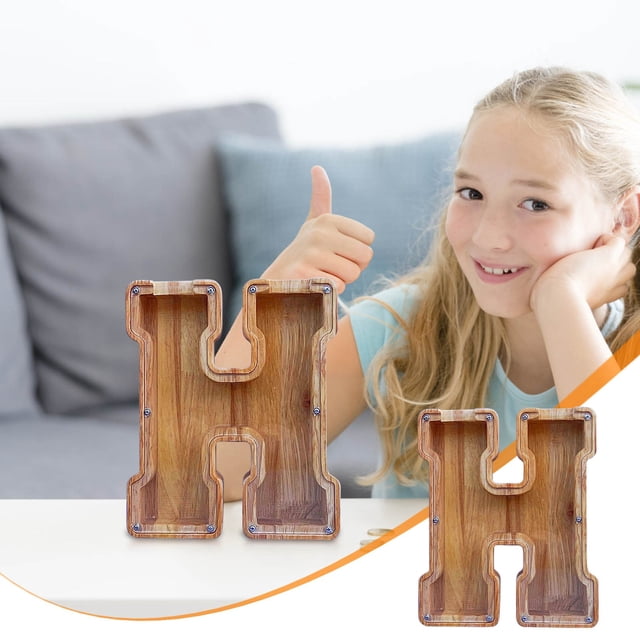LSLJS Wooden English Letter Saving Can Transparent Glass Saving Can, Piggy Bank