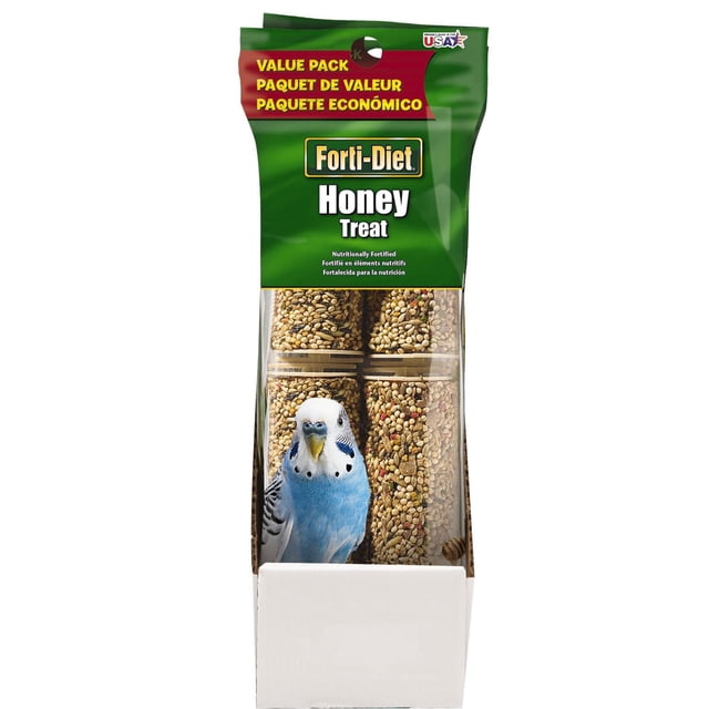 Kaytee® Honey Treat™ Parakeet value pack containing four honey-flavored seed treat sticks in clear tubes within green Forti-Diet packaging, showing a blue and white parakeet image, suitable for indoor bird treats to add dietary variety.