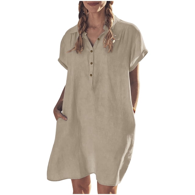 Babysbule Robe pour Femme Liquidation Mode Robe d'Été Décontractée en Coton Ample à Manches Courtes Unie Robe Chemise