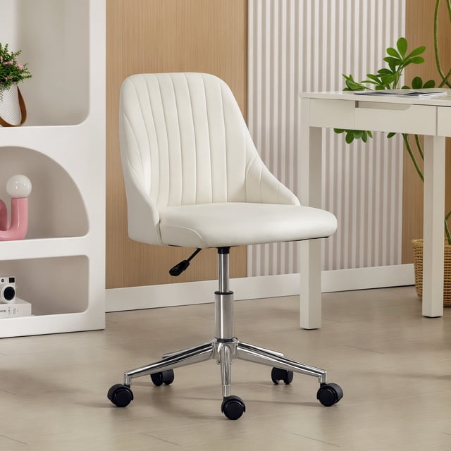 Vinsetto Velvet Mid-Back Armless Computer Office Task Chair Seat in cream, designed for home office use. Features a scallop-shaped backrest with vertical stitching, padded velvet seat, and chrome swivel base with five caster wheels for mobility. Adjustable height lever visible under the seat. Suitable for office furniture setups, including modern desks and decor.