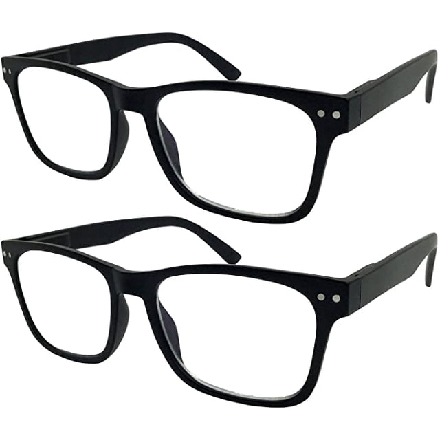 grinderPUNCH 2 Pack Bulk Multi Focus 3 Power Progressive Reading Glasses with no visible lines. Features a plastic frame, non-polarized progressive multifocal lenses with three powers in one. Designed for long-distance viewing at the top portion and reading at the bottom. Each pair measures 5.7 inches wide, 1.7 inches tall, and has 5.5-inch arms. Lens width is 52 millimeters.