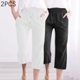 thumbnail image 4 of Timegard 2pc Capri Pants for Women Cotton Linen Elastic Waist Loose Lounge Crop Pants Pockets Solid Color, 4 of 7