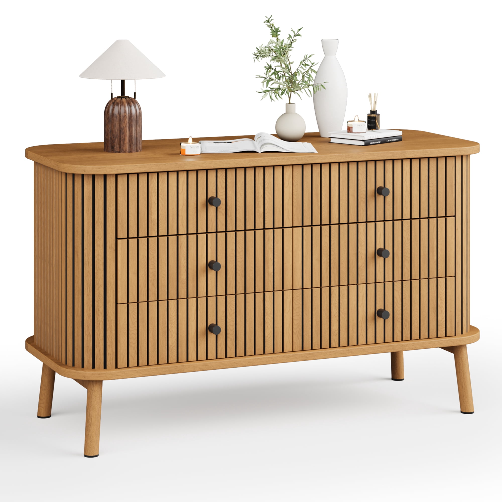6 Drawer Dresser, Horizontal Chests of Double Drawers for Bedroom, Mid Century Dresser with Black Handles and Wooden Legs, Storage Drawer Organizer for Closet, Hallway, Entryway, Natural