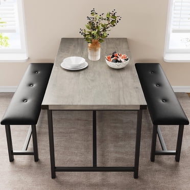 TROPOW Chaise de Bureau, Ensemble de Table de Cuisine avec 2 Banquettes, Ensemble de Table de Salle à Manger Style Ferme en Métal et Bois, Table à Manger Rectangulaire pour Petit Espace, Appartement, Gris Rétro