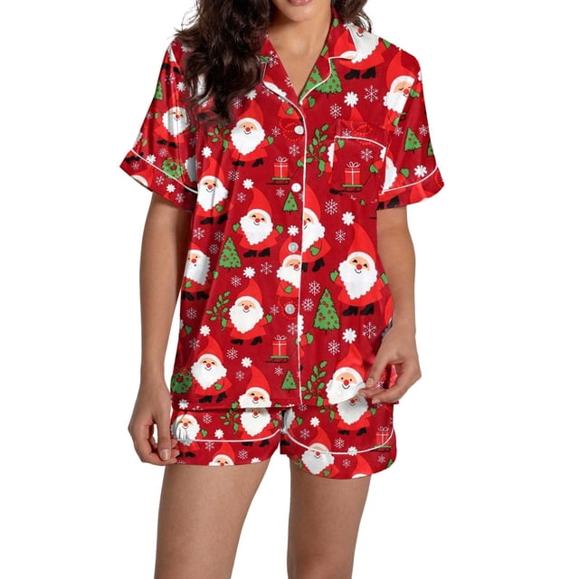 Pyjama pour Femmes en Satin Imprimé Graphique, Mignon, Tenue de Nuit, Boutons, Hauts à Manches Courtes, Ensembles de Shorts