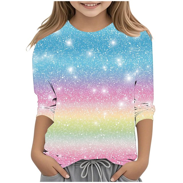 lcziwo Chemises à Manches 3/4 pour Filles 2025 Mode Paillettes Graphique Imprimé Pailleté Hauts de Fête Automne Décontracté Col Rond Chandail Blouse Multicolore Cadeaux d'Anniversaire