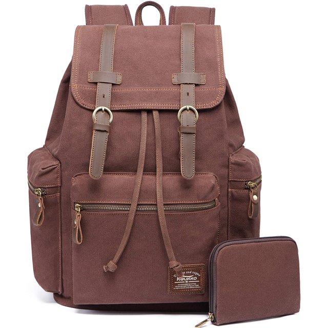 KAUKKO Vintage Casual Canvas and Leather Rucksack Backpack (Canvas Coffee2pc)