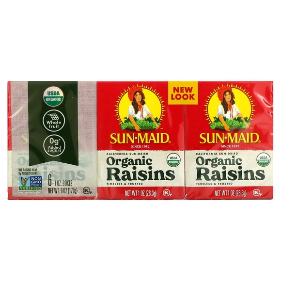 Sun-Maid , Raisins Secs Biologiques de Californie Séchés au Soleil, 6 Boîtes, 1 oz (28,3 g) Chacune