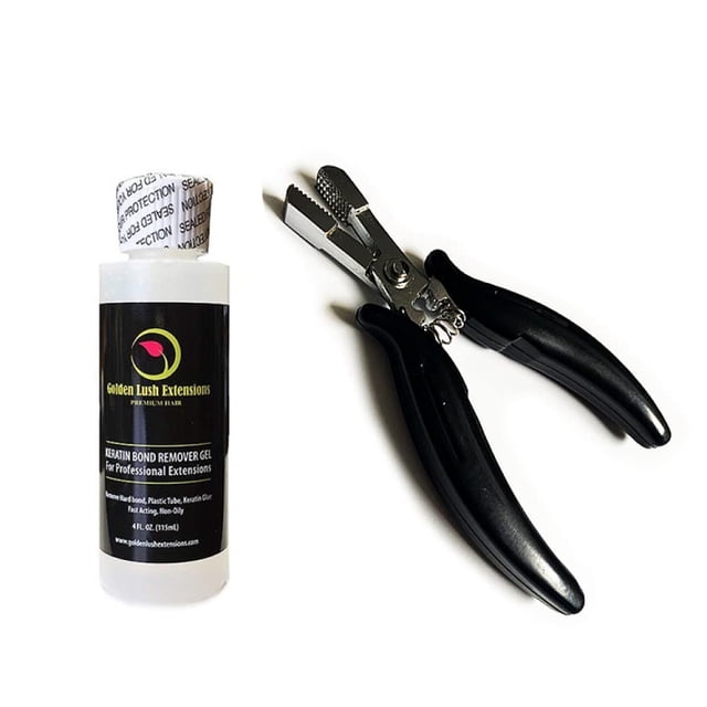 Colle de Kératine Fusion Pré-Liée Dissolvant Super Action et Pince à Embout I pour Extensions de Cheveux à la Kératine Rupture de Liaisons Perles Micro Anneau Lien Enlever Ensemble de Pinces Vue Centrée de L'Avant de l'I-tip et Pinces de Rupture de Liaison avec Poignées de Préhension à Côté des Perles Micro-Anneau et un Petit Outil de Dissolvant de Liaison; Utilisé Souvent pour Desserrer les Liaisons de Kératine Pré-Liées Ou Ajuster les Micro Anneaux pendant l'Entretien d'Extension.