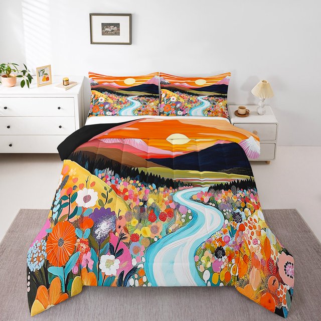 Erosebridal Ensembles de Couette Nature Montagne Rivière Fleur Format Simple, Couettes et Duvets Art Minimalisme Vintage, Réversible 2 Pcs