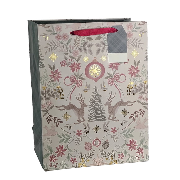 Grand sac cadeau de Noël en papier blanc Holiday Time avec motif de cerf