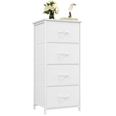 Eunos 4 Drawer Dresser, Chest of Drawers Fabric Vertical Nightstand for Bedroom, White Leather