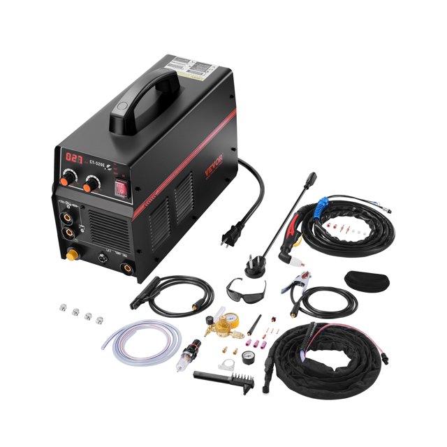 VEVOR 3 in 1 Plasma Cutter Welder Machine CT-520E TIG/MMA Plasma Cutter Combo 110/220V. The image displays a black, portable welding machine with a handle, digital LCD screen, and adjustment knobs. Accessories include a plasma cutting torch, TIG welding torch, electrode holder, air filter regulator, ground clamp, argon gas regulator, hammer and brush, gas hose, drive rollers, power adapter cord, and protective goggles. This machine supports plasma cutting, TIG welding, and MMA stick welding, with IGBT inverter technology, dual voltage compatibility, and built-in safety features for overheating protection.
