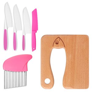 POINTERTECK Children Cooking Knives 6Pcs Multifunctional Kids Kitchen Knife Set Safe Round-Edged Toddler Knife Kit with Plastic Serrated Knives Wooden Knife Potato Cutter Flat Knife for H