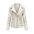 thumbnail image 1 of IROINID Women's Short Faux Leather Jacket Notch Lapel Solid Color Long Sleeve Slim Stand Zip Motorcycle Suit Jacket, Beige, 1 of 7